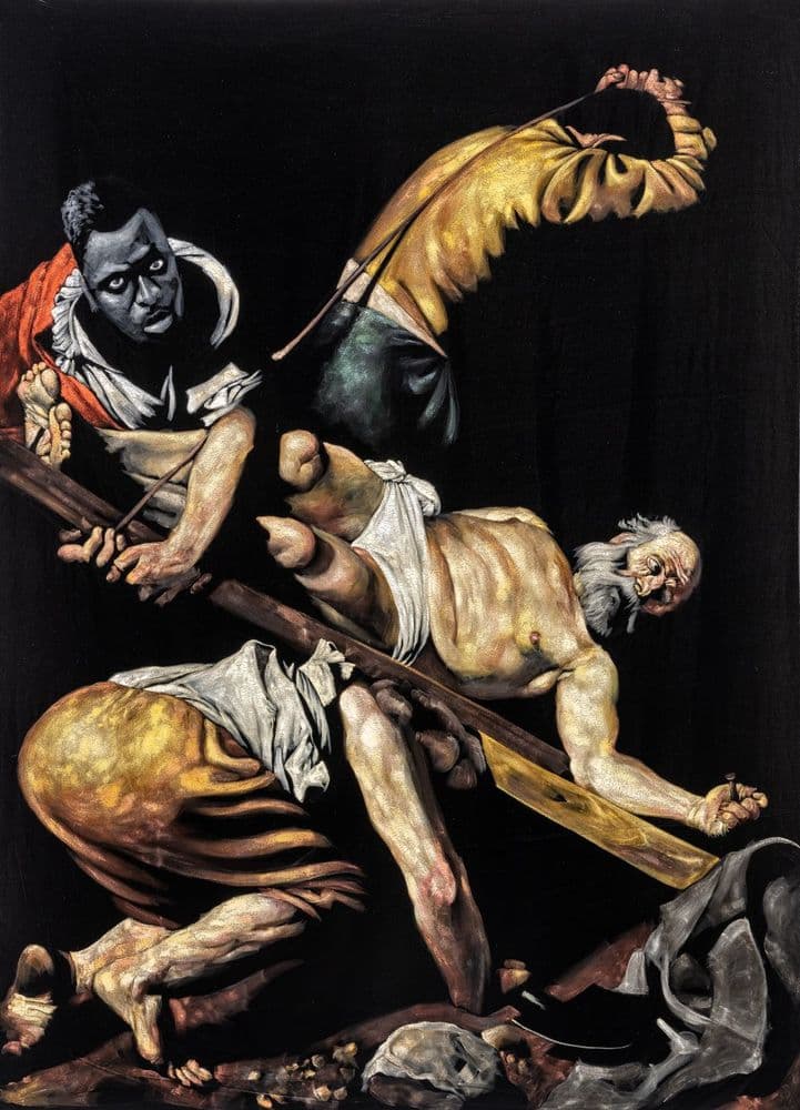 Roméo Mivekannin, "D'après Le crucifiement de Saint Pierre, Le Caravage (1600)", 2024 © Roméo Mivekannin, by SIAE 2025 Ph. Gregory Copitet