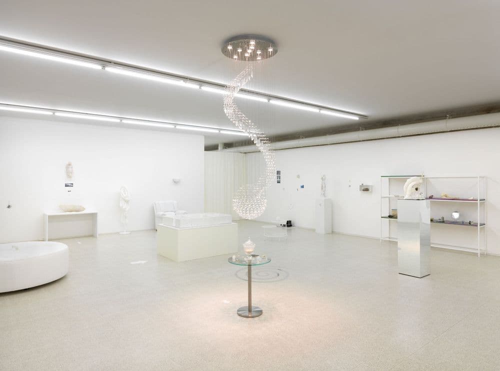 Evgeny Antufiev, "Twelve, wood, dolphin, knife, bowl, mask, crystal, bones and marble – fusion. Exploring materials", 2013, exhibition view © Evgeny Antufiev | ph. Dario Lasagni