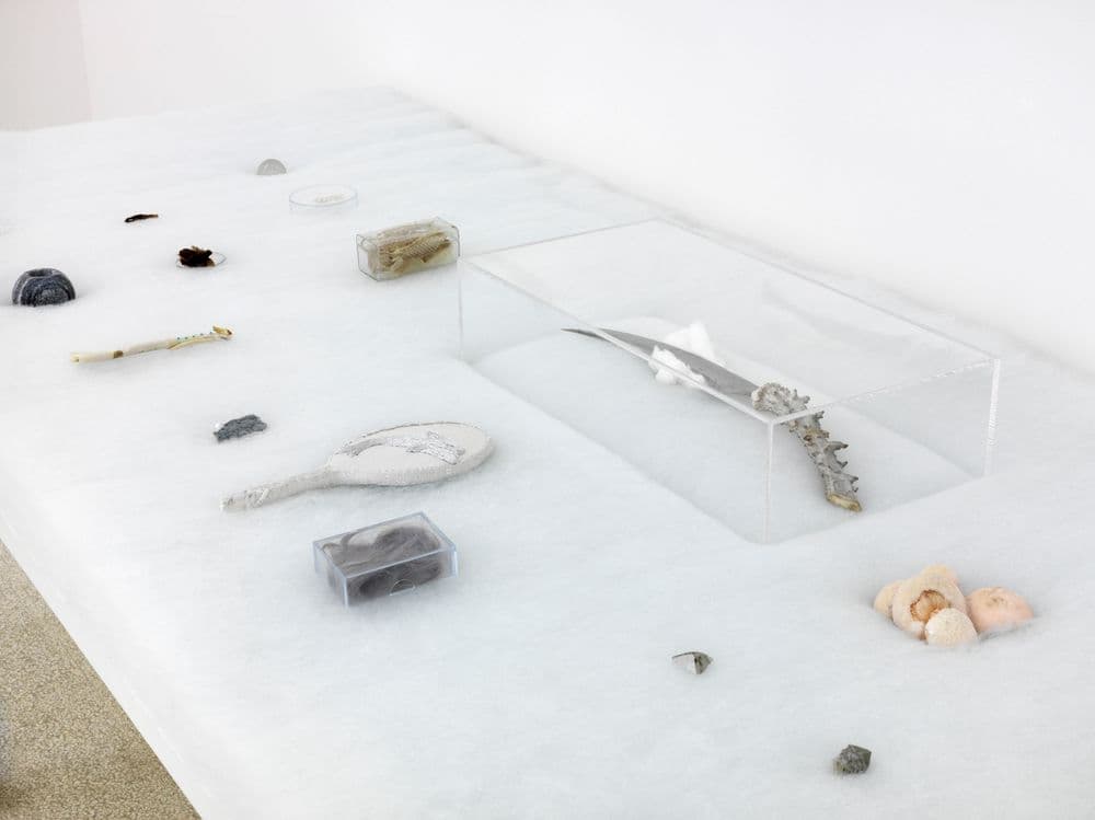 Evgeny Antufiev, "Twelve, wood, dolphin, knife, bowl, mask, crystal, bones and marble - fusion. Exploring materials", 2013, exhibition view | ph. Dario Lasagni