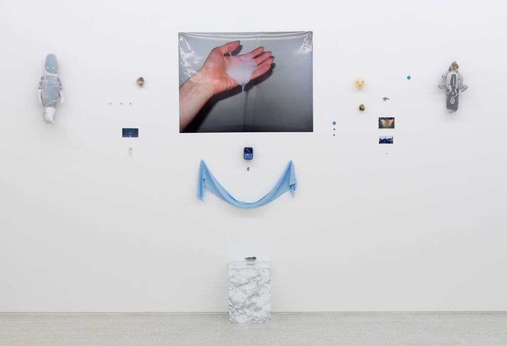 Evgeny Antufiev, "Twelve, wood, dolphin, knife, bowl, mask, crystal, bones and marble - fusion. Exploring materials", 2013, exhibition view | ph. Dario Lasagni